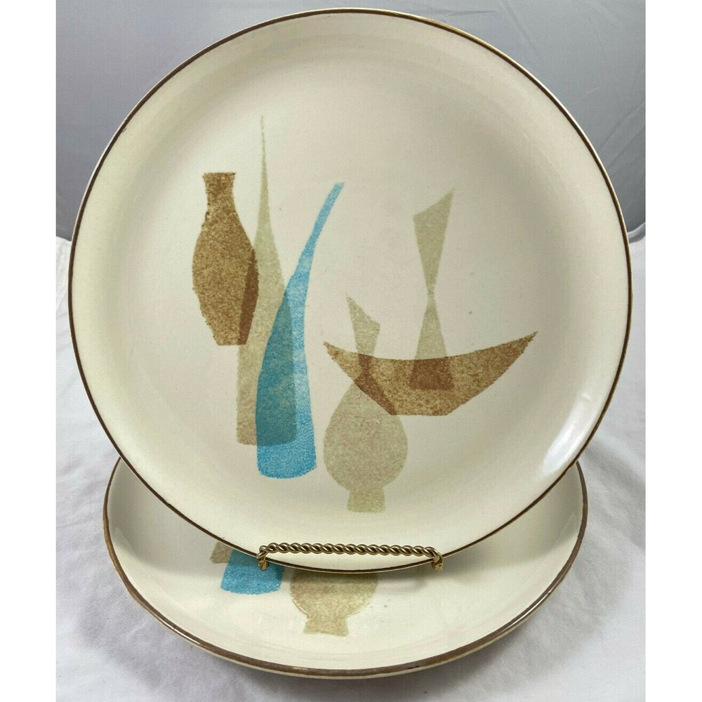 Red Wing Pompeii Dinner Plates 10.5" Set of 2 MCM Brown Blue Pottery Vintage